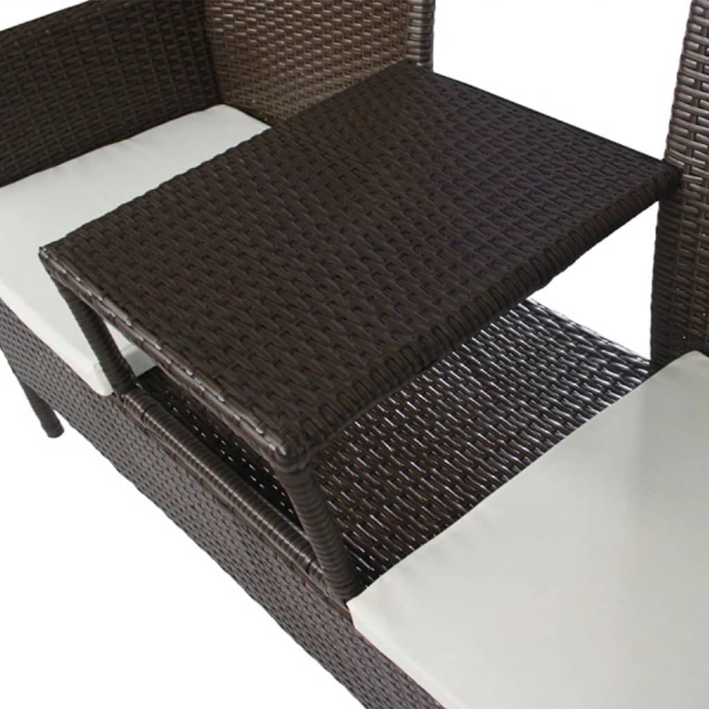 Kepooman 2 Seat Patio Rattan Wicker Bench with Tea Table, Brown