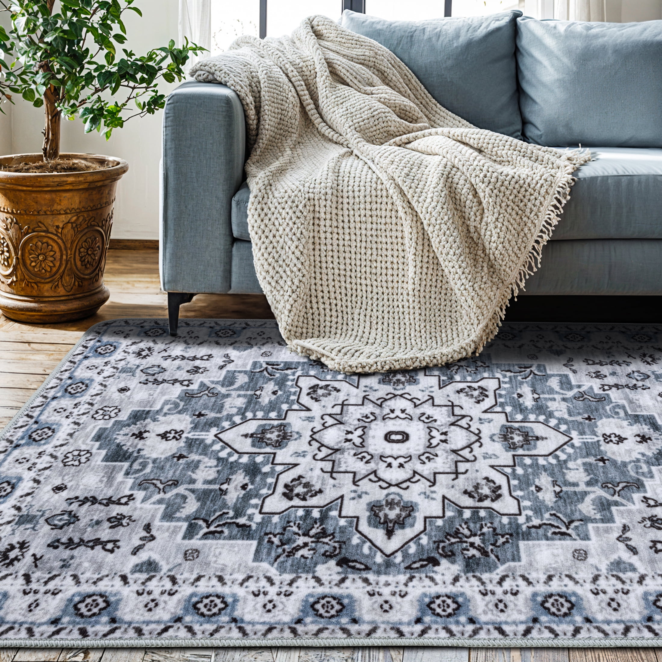 Sonoro Kate 8x10 Area Rugs for Living Room Bedroom, Non Slip Boho Machine Washable Indoor Floor Carpet, Blue-Gray