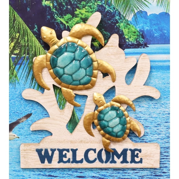 Ebros Aluminum Sea Turtles With Welcome Sign Hanging Wall Decor Plaque 17.5"Tall