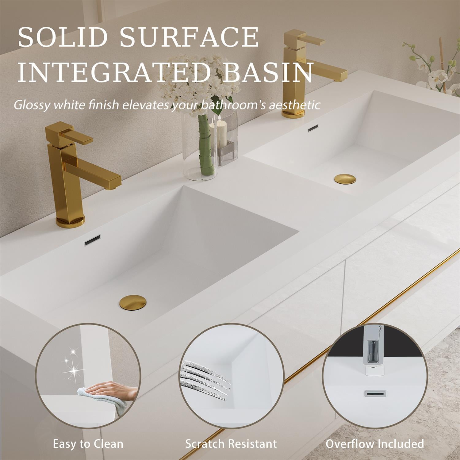 Demi Bonn 59" Wall-Mounted Bathroom Vanity with Sink, Stone Resin Countertop and 4 Soft Close Drawers, Faucets and Drains Not Included, White