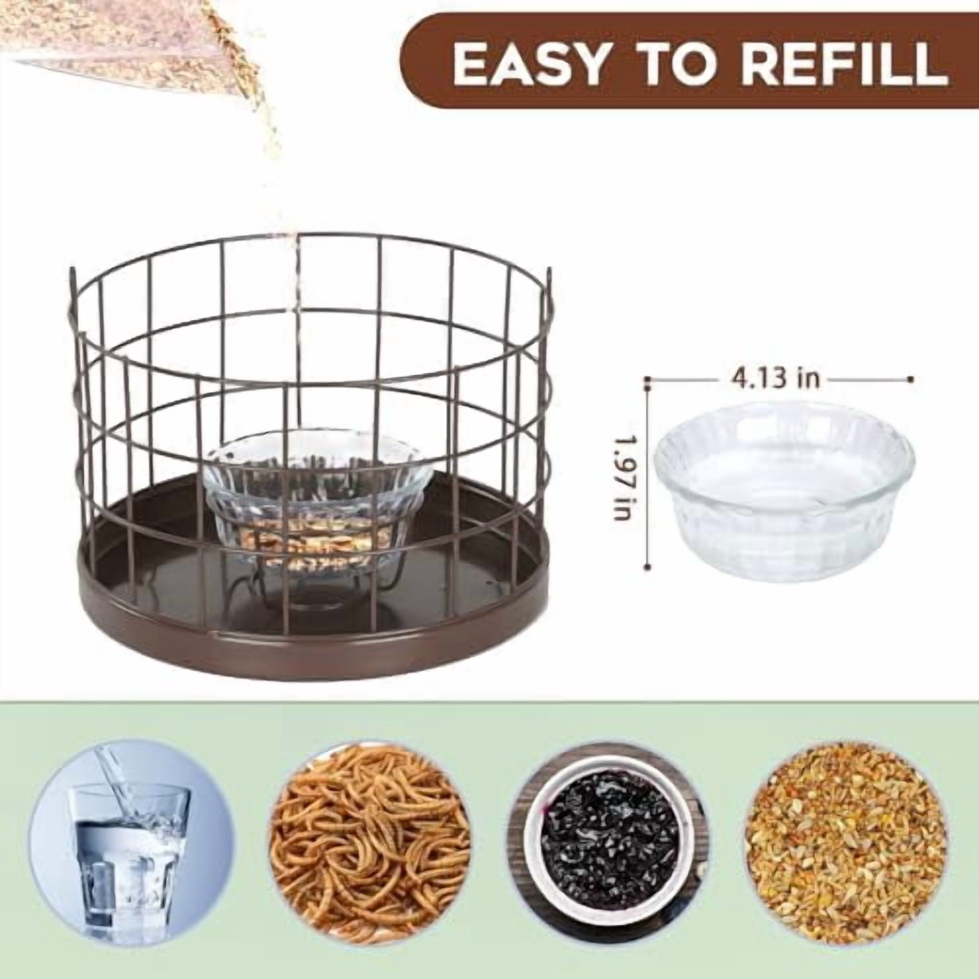 Caged Bluebird Feeder for Mealworms with Glass Bowl, Squirrel Proof Bird Feeder for Small Birds Only, Detachable Hook, Large Space, Outdoors Weatherproof, Metal, Brown