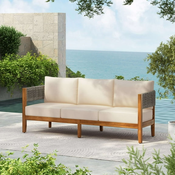 Christopher Knight Home Outdoor Acacia Wood 3-Seater Sofa with Woven Rope Accents and Beige Cushions, Teak