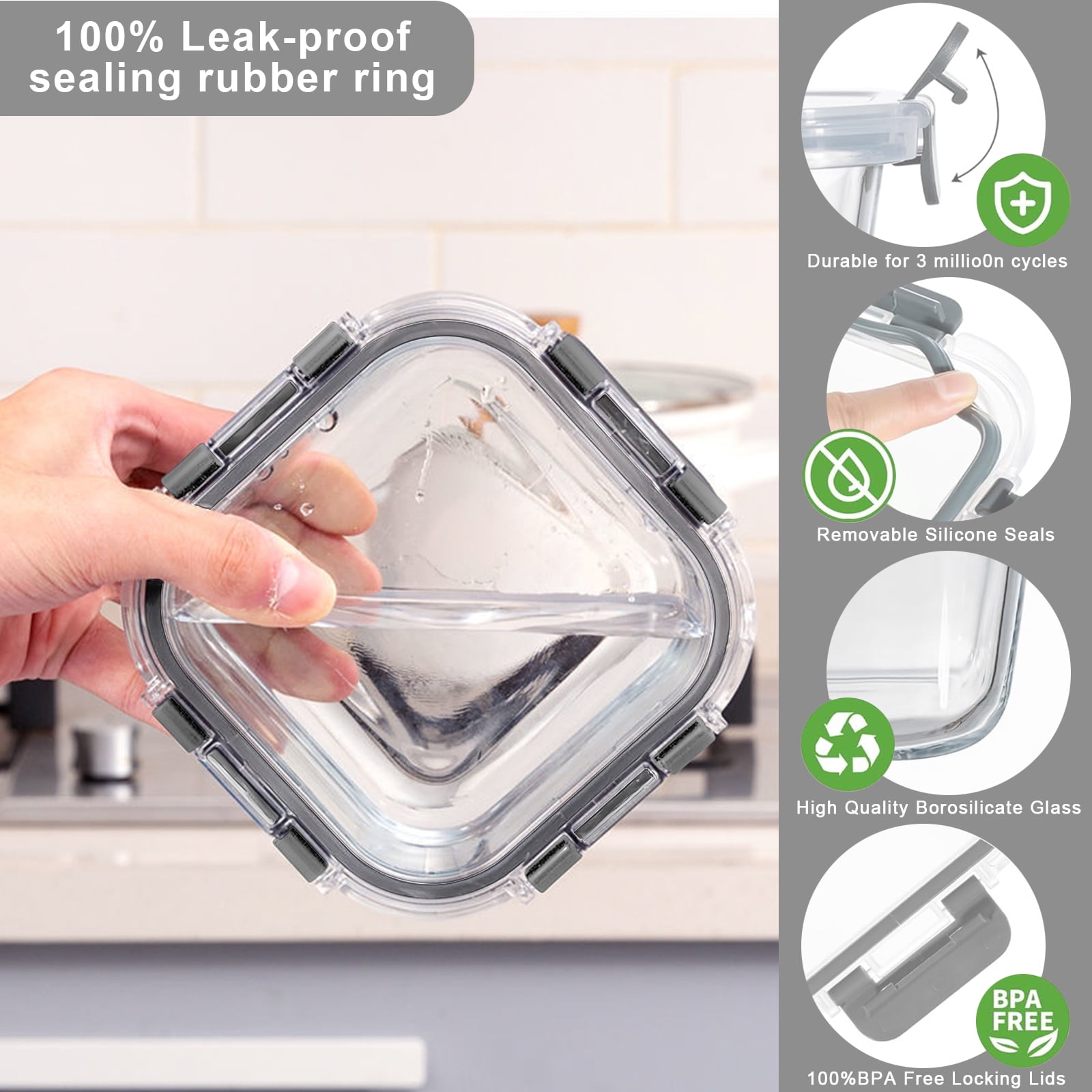stusgo 12 Pcs Glass Storage Containers with Lids, Reusable for Kitchen Organization (12 Pcs,Gray)