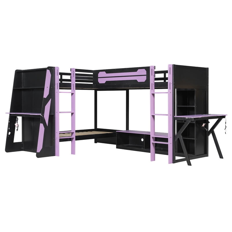 L-Shaped Twin Size Gaming Bunk Bed with RGB LED Lights, 3 Twin Beds, USB Ports, TV Stand & Storage Shelves, Reversible Wooden Bunk Bed Frame for Teens & Adults