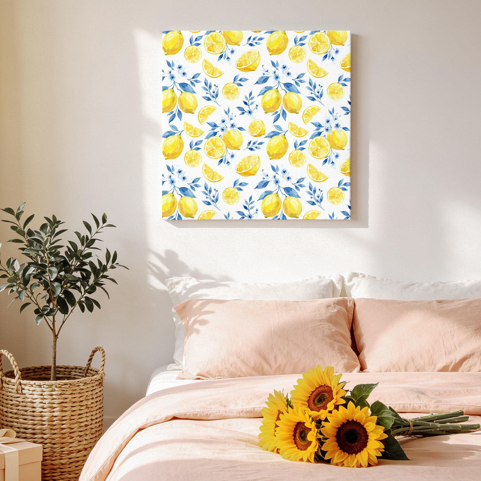 Summer Fruit Canvas Wall Art for Living Room, Watercolor Lemon Cute Frangipani Blue Leaf Farmhouse Poster Print Painting for Bedroom Office Home Decoration Wall Pictures Prepare To Hang 16"x16"