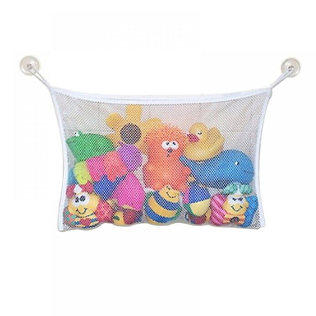 Pretty Comy Organizador de juguetes para baño Bolsa de almacenamiento de red de malla colgante con 2 ventosas con ganchos ultra fuertes para niños, bebés y niños pequeños
