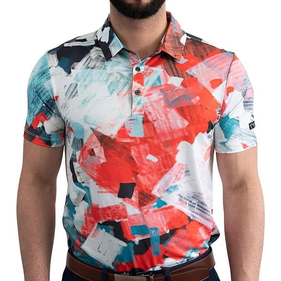 Yatta Golf Men Polo Shirt Short Sleeve Golf Apparel for Standout Performance On and Off The Golf Course - Printed Golf Polos for Men Dry Fit for Sports and Casual Wear (Abstract, XXL)