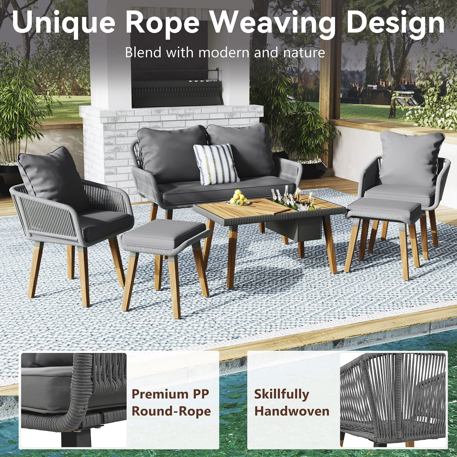 Aimee Lii Outdoor Patio Acacia Wood & Rope 6-Piece Furniture Set with Ice Bucket, Patio Conversation Set with Ottomans, Gray
