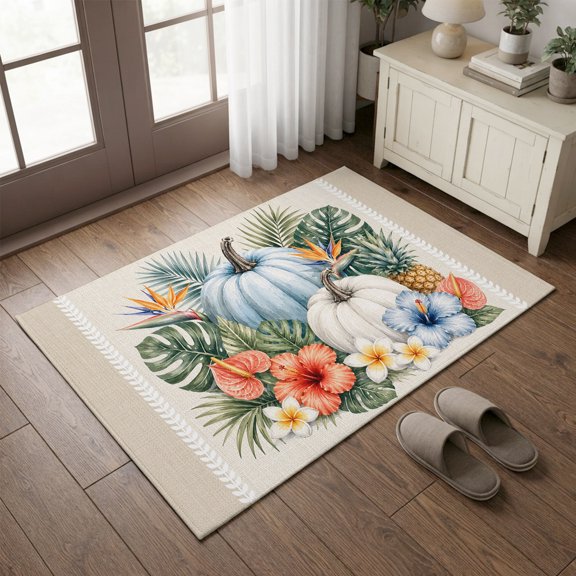 Entryway Rug 2'x3', Tropical Plants Pumpkins Kitchen Runner Rugs Non-Slip Carpet Mats, Summer Fall Farmhouse Palm Leaves Bedside Rugs Runners Washable Floor Carpet for Bathroom Laundry Room