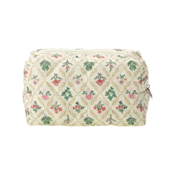 Unique Bargains 1 Pc Quilted Square Floral Makeup Bag Pink Green Polyester