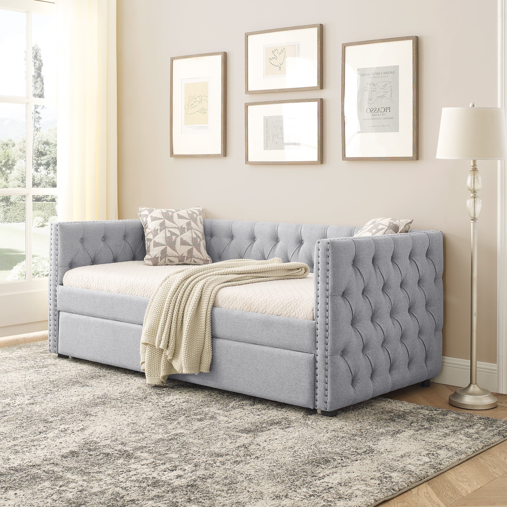 Aukfa Upholstered Daybed with Trundle, Twin Daybed, Button Tufted, Nailhead Trim - Gray