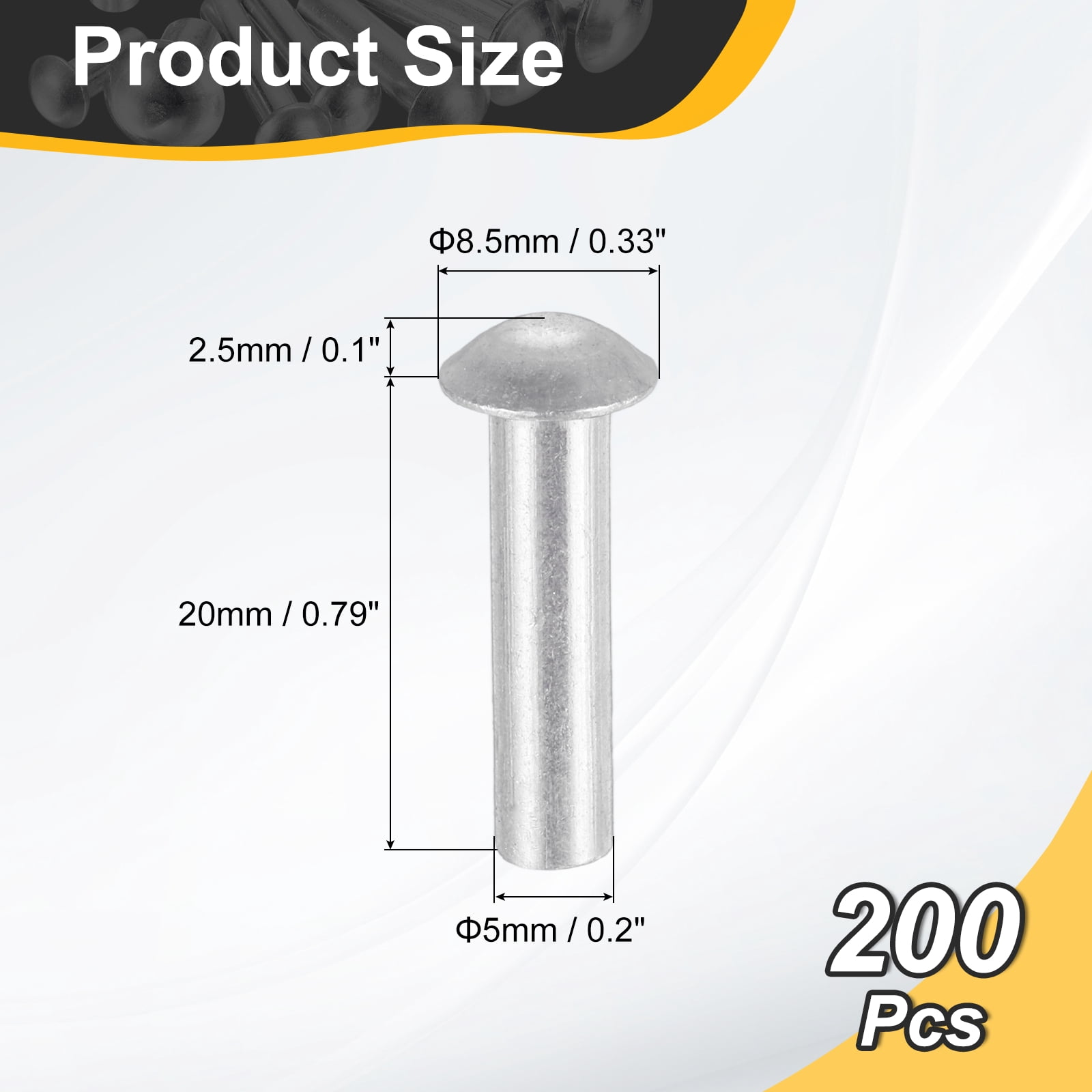 200Pack Brazier Head Rivets, M5 x 20mm Aluminum Solid Rivets, Silver Tone