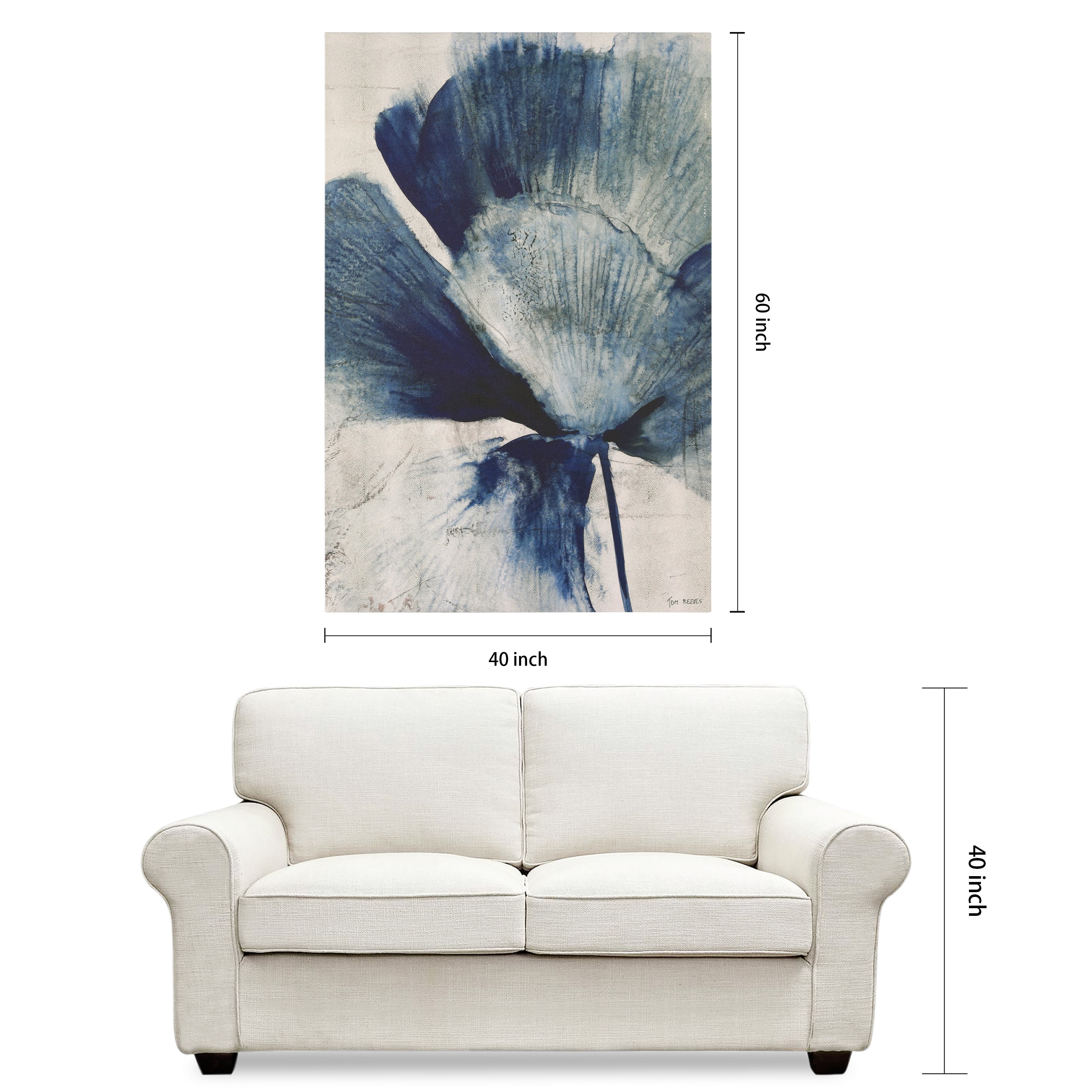 "Azure Bloom", Blue Flower Rendered on Gold Shagreen Wrapped Canvas Wall Art, sized 60"x40"