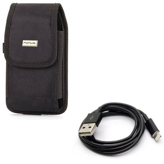 USB Cable w Case Belt Clip for iPhone XS - Charger Cord Power Wire Sync Fast Charge, Rugged Holster Canvas Cover Pouch for iPhone XS