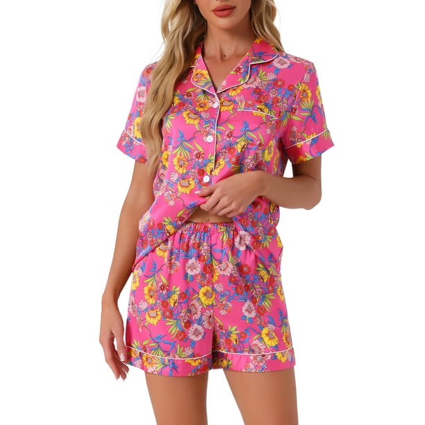 INSPIRAR CHIC Ropa de descanso para mujeres, pijama de verano con camisa de botones y pantalones cortos, L Rosa Rojo