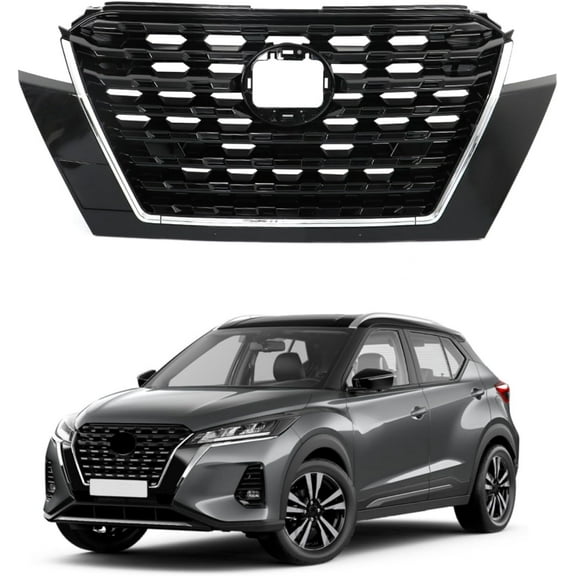SHZAITOR Front Bumper Hood Grille Assembly Glossy Black with Chrome Frame Honeycomb Style Replacement for Kicks 2021-2023