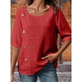 thumbnail image 6 of Women'S Round Neck Short Sleeve Cotton and Linen Button Fashion Casual Top Loose Formal Work T-Shirt Red XXL, 6 of 7