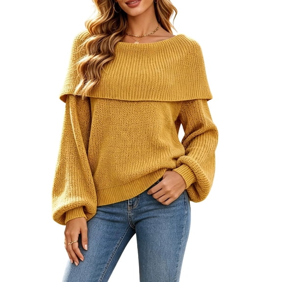 Wenini Women's Shoulder Solid Color Knit Sweater Top Long Sleeve Loose Casual Pullover Top