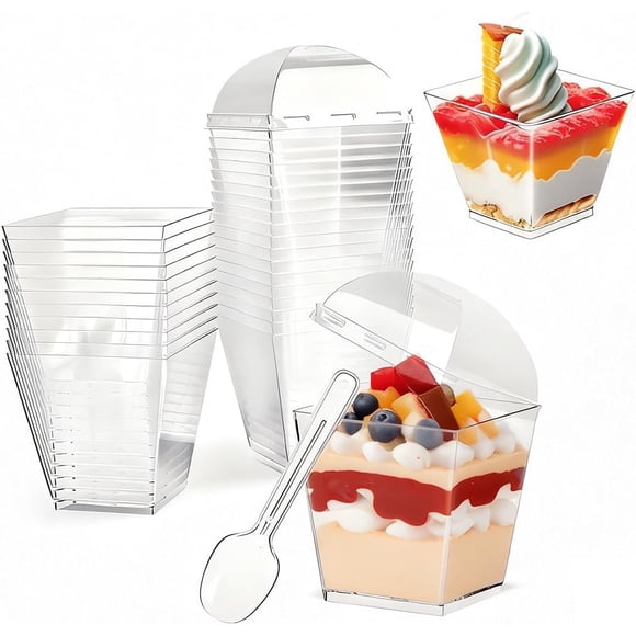 50Pack 4oz Plastic Dessert Cups with Lids and Spoons, Clear Mini Square Parfait Yogurt Cups, Appetizer Pudding Shooter Fruit Trifle Ice Cream Mousse Cup for Party (4 oz)