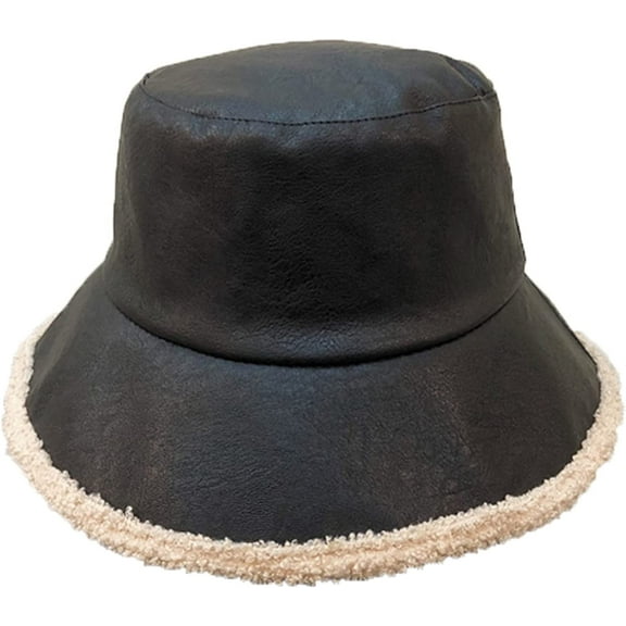 CoCopeaunts Large Bucket Hat Women Winter Raw Edge PU Leather Warm Lambs Wool Bucket Cap Reversible Fisherman Hat Two Side Wear