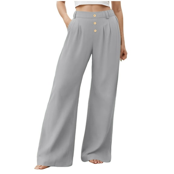 vigerkar Womens Casual Wide Leg Pants High Waisted Button Decor Loose Straight Long Trousers Dressy Palazzo Pant with Pockets Grey, M