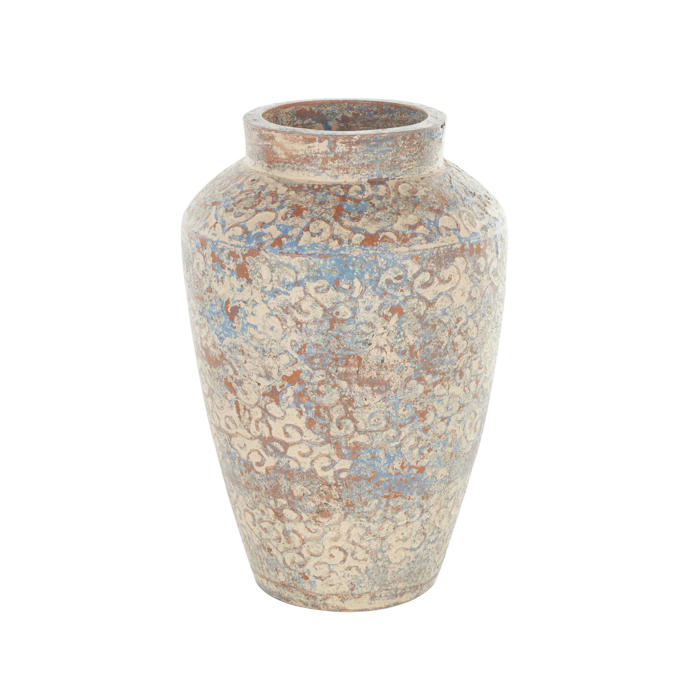 DecMode 16" Scroll Handmade Antique Style Beige Ceramic Vase with Blue and Copper Accents