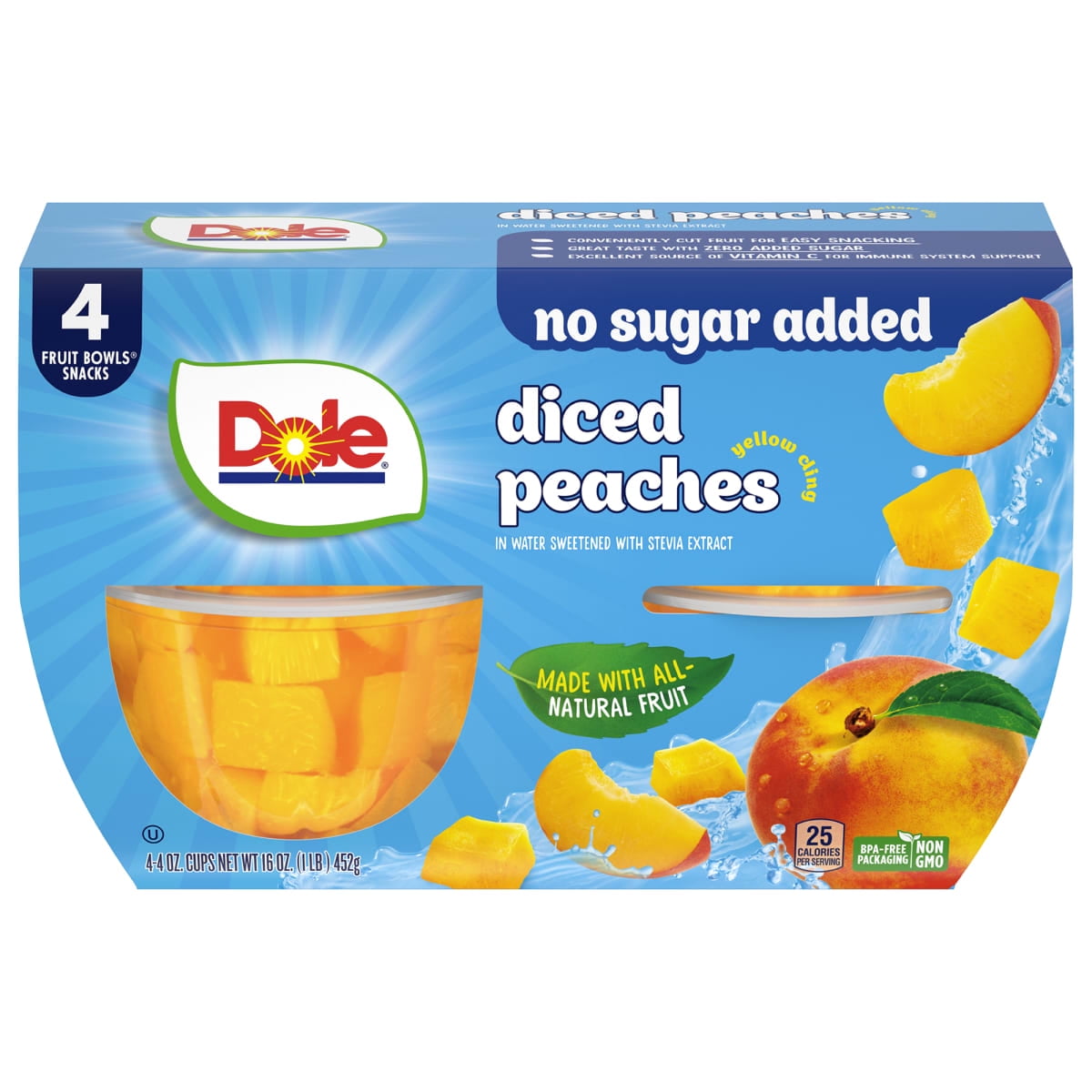 (2 pack) (4 Pack) Dole No Sugar Added Diced Peaches Fruit Cups, 4 oz