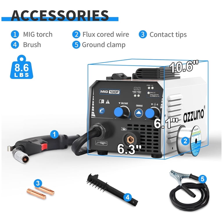 AZZUNO MIG Welder,Flux Core Welder 130Amp 110V Gasless MIG Welding