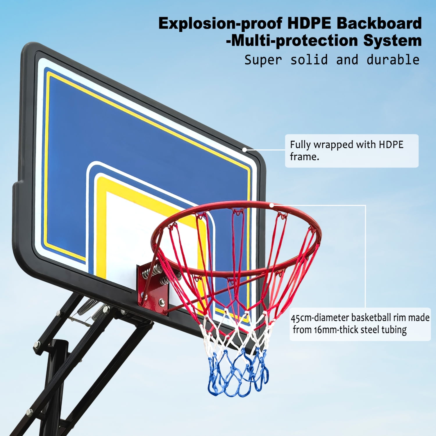 Youmumeub Portable Basketball Hoop, Adjustable Height 8-10 ft Basketball Goal, 39" Polycarbonate Backboard with Rebound System & Wheels, Indoor/Outdoor Hoop for Youth & Adults (Black/Blue)