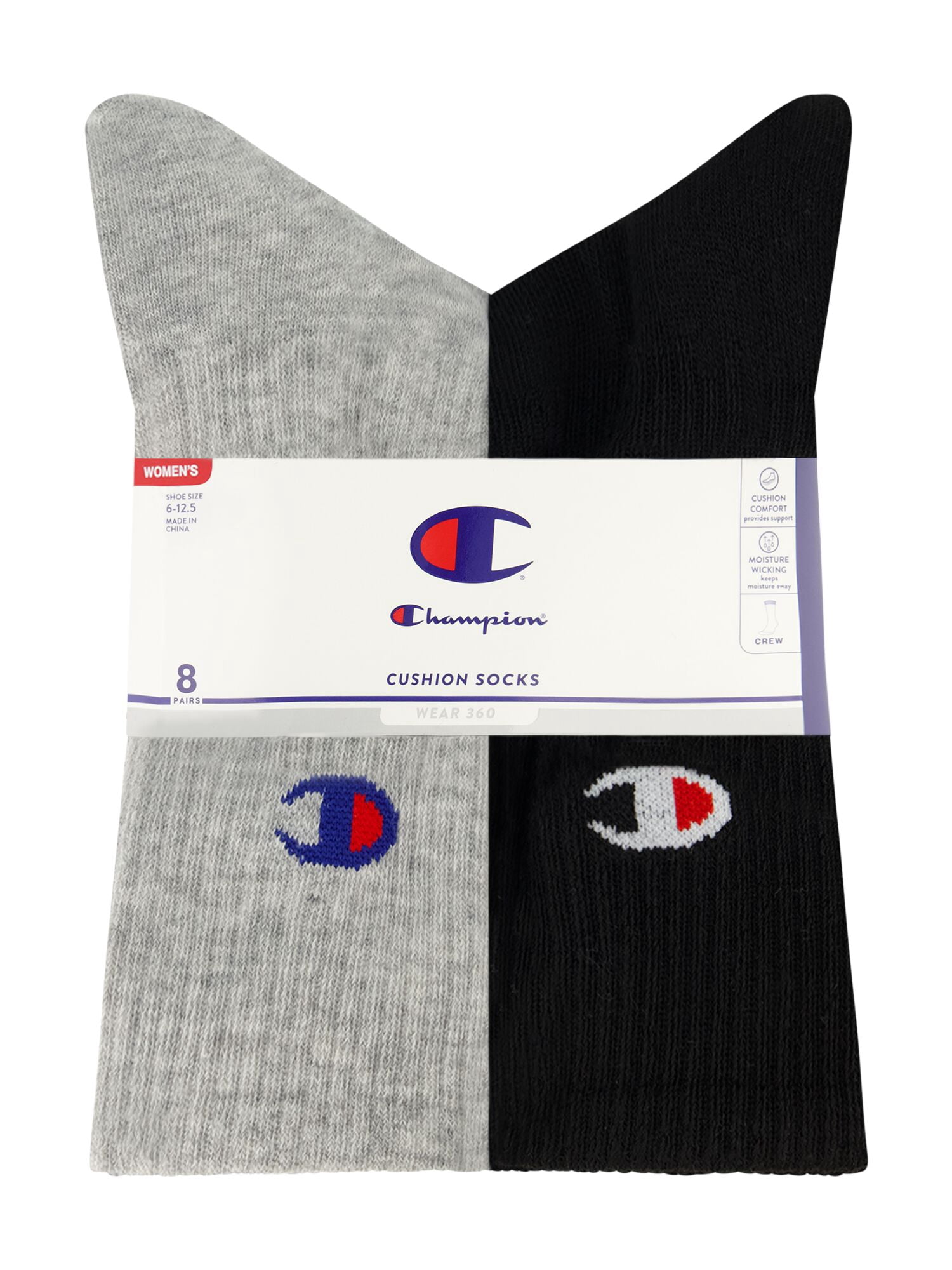 Champion Women’s Wear 360 Cushioned Crew Socks, 8 Pack, Sizes 4-10