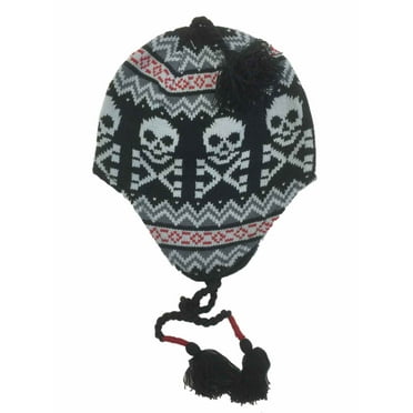 Ben Berger Boys Black Gray & Red Skull Peruvian Trapper Hat Skulls & Crossbones