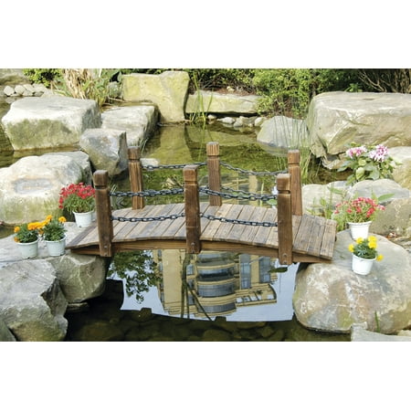 Curved Rail Garden Bridge - Rustic Wood Garden Bridge with Posts and Double Metal Chain Hand Rails