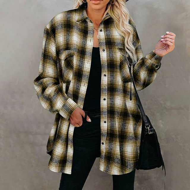 IROINID Veste Décontractée Mi-Longue pour Femmes Col Rabattu à Carreaux Simple Boutonnage Shacket Manches Longues, Marron