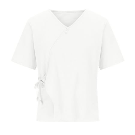 

HTNBO Women Cotton Short Sleeve Shirts Casual Summer V Neck Solid Color Tops Corset Tops White XL