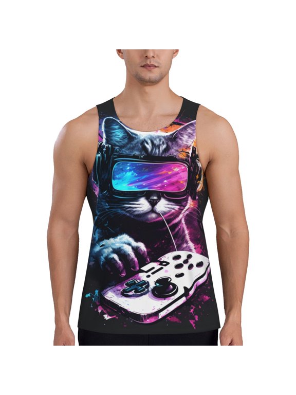 Men Tank Tops Sleeveless Shirts Workout Gym Muscle Casual, Galaxy Cat Play Games Funny