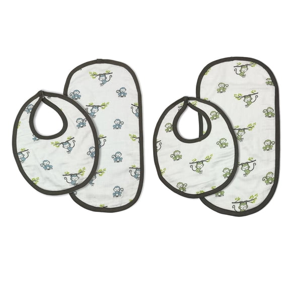 Juego de Baberos de Muselina Bacati azul y verde Happy Monkeys