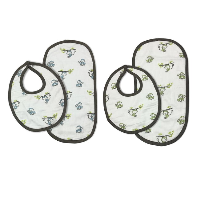 Juego de Baberos de Muselina Bacati azul y verde Happy Monkeys