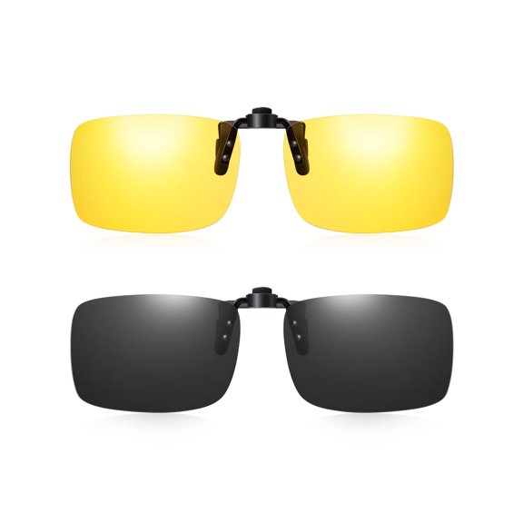 TINHAO 2 Pairs Clip On Sunglasses Flip Up Day&Night Driving Glasses UV400 Anti Glare Over Prescription Glasses