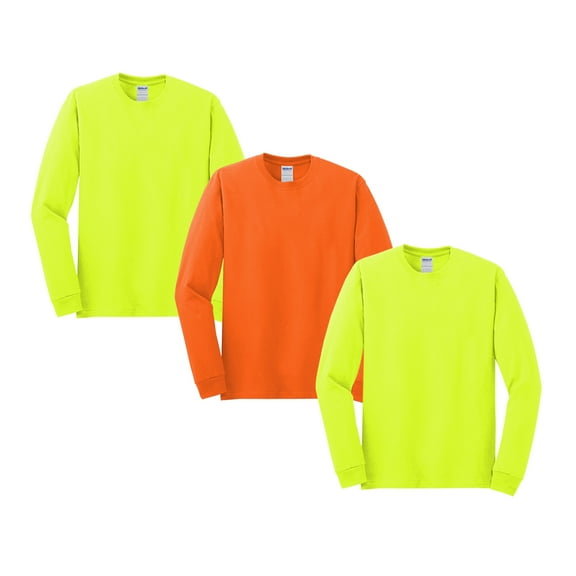 Gildan Men’s Hi-Vis Long Sleeve Work T-Shirt, Heavy Cotton, Safety Green and Orange, 3-Pack, S