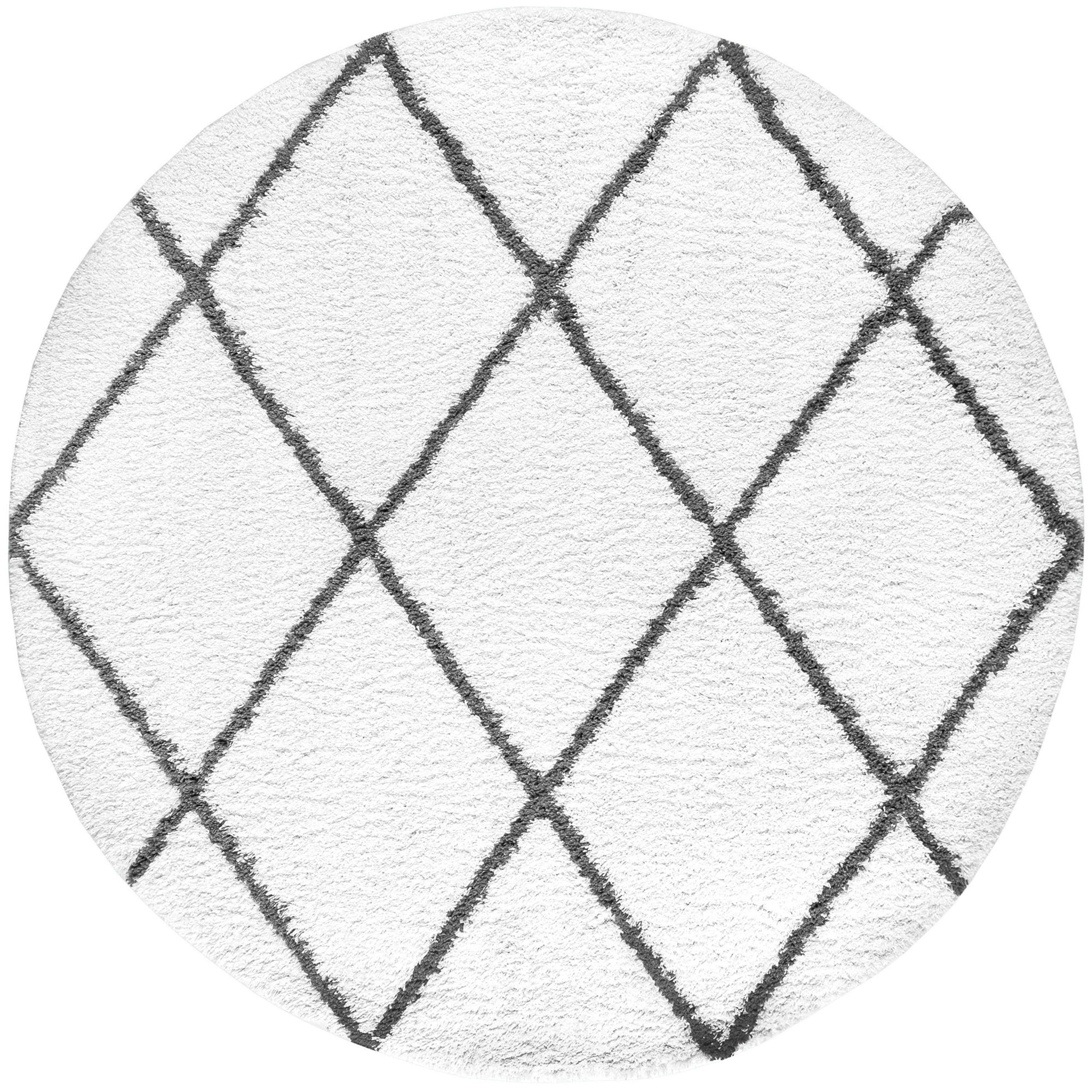 Bliss Rugs Shag Contemporary Diamond Round Rug for Living Room, Dining Room | White, 5'3''Round