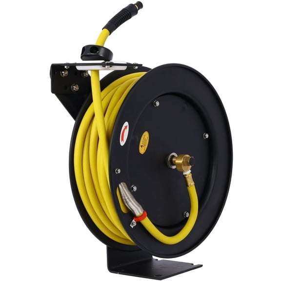 Heavy Duty Industrial Steel Air Hose Reel Retractable 3/8" x 50' SBR Rubber Hose Max 300PSI Easy Compressor Connection Durable Construction Black