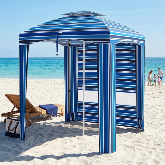 Zateety 5.8' X 5.8' Portable Beach Umbrella with Double-Top, Ruffled Outdoor Cabana with Walls, Vents, Sandbags, Carry Bag, Blue Stripe