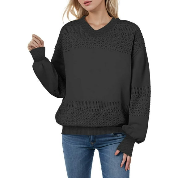 SGMVNU Sweaters For Women Solid Color V Neck Cutout Knit Rib Sweater Knitwear Fall Winter Clothes Black XXL