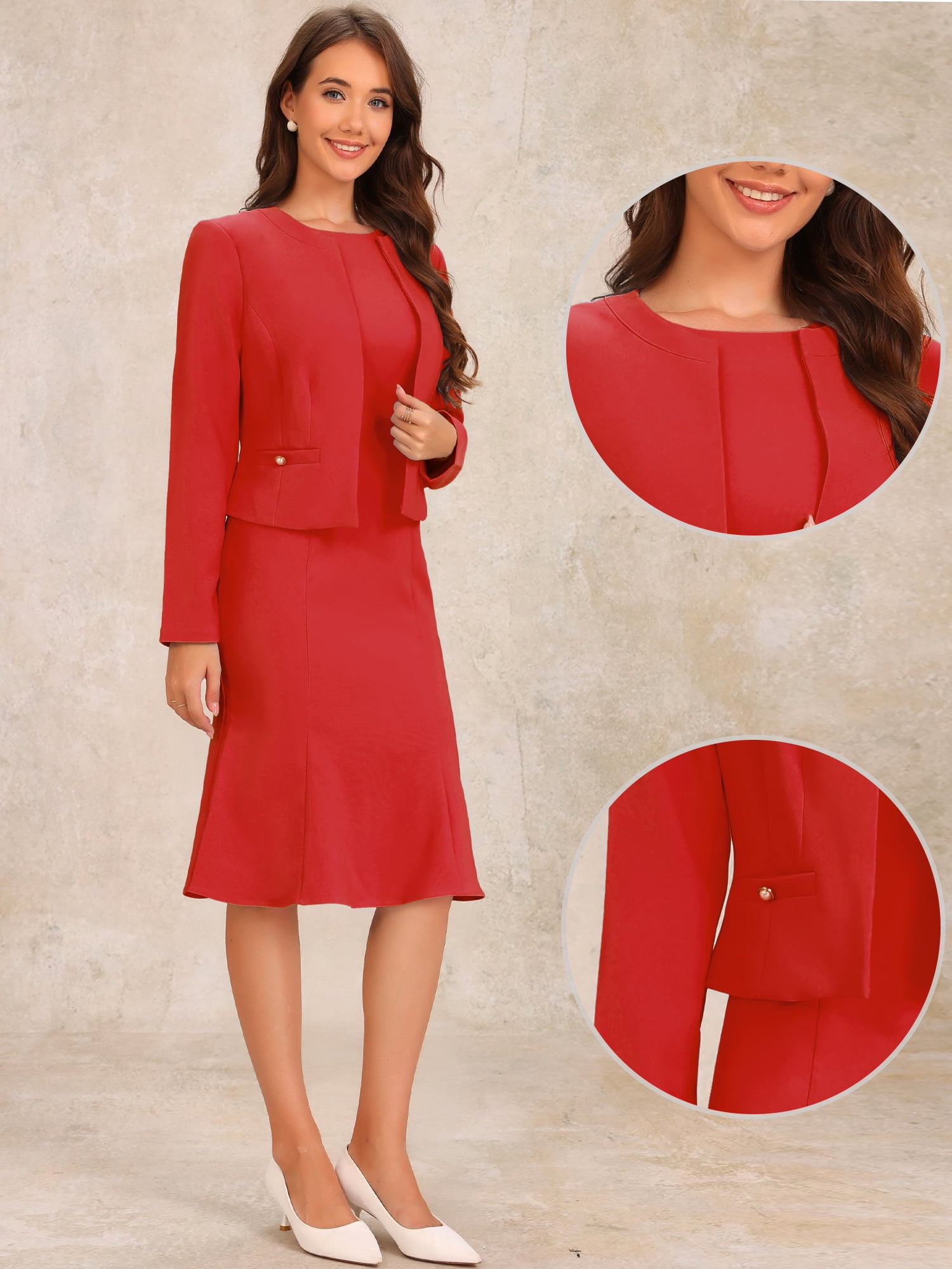 DARING DIVA Women's 2Pcs Suit Sleeveless Dress Crop Blazer Set L Red