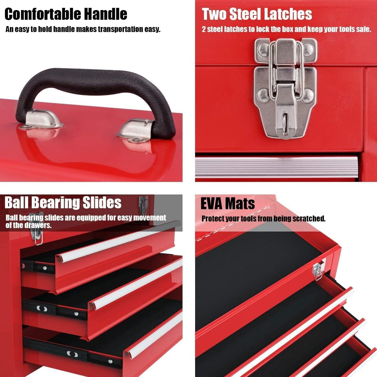 Portable Steel Tool Box with 3 Drawers & Top Tray, Heavy Duty  for Mechanics and Home Use