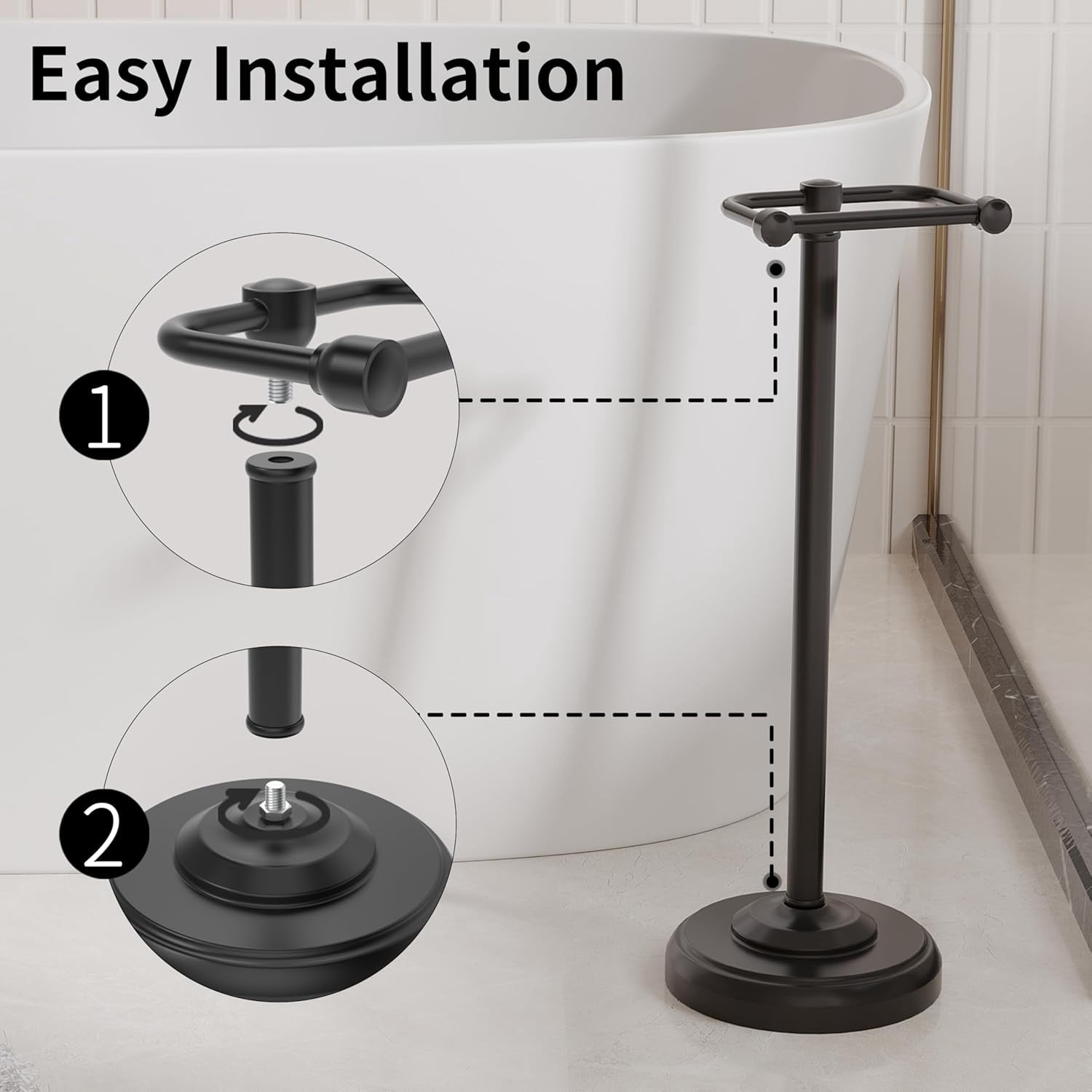 Toilet Paper Holder Stand, Matte Black Toilet Paper Holder Free Standing,Post Pivoting Design & Stable Weighted Base SUS304 Stainless Steel for Bathroom