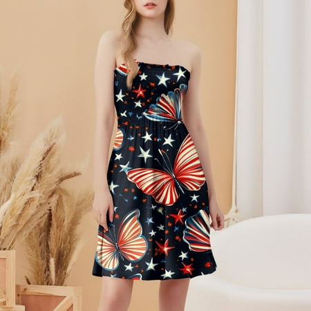 CHCNHAC Independence Day Sundresses for Women 2025 American Flag Graphic Dresses Patriotic Flattering Flowy Swing Strapless Prom Dress Wine XL