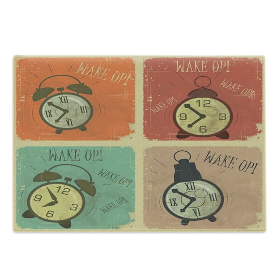 Number Cutting Board, Grunge Retro Wake up Alarm Clocks Old Fashioned Murky Poster Style Illustration, Decorative Tempered Glass Cutting and Serving Board, Large Size, Multicolor, by Ambesonne