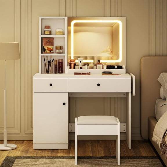 Vanity Desk with Mirror and Lights, Makeup Table Set with Storage Drawers, Cabinet and Stool for Bedroom,White