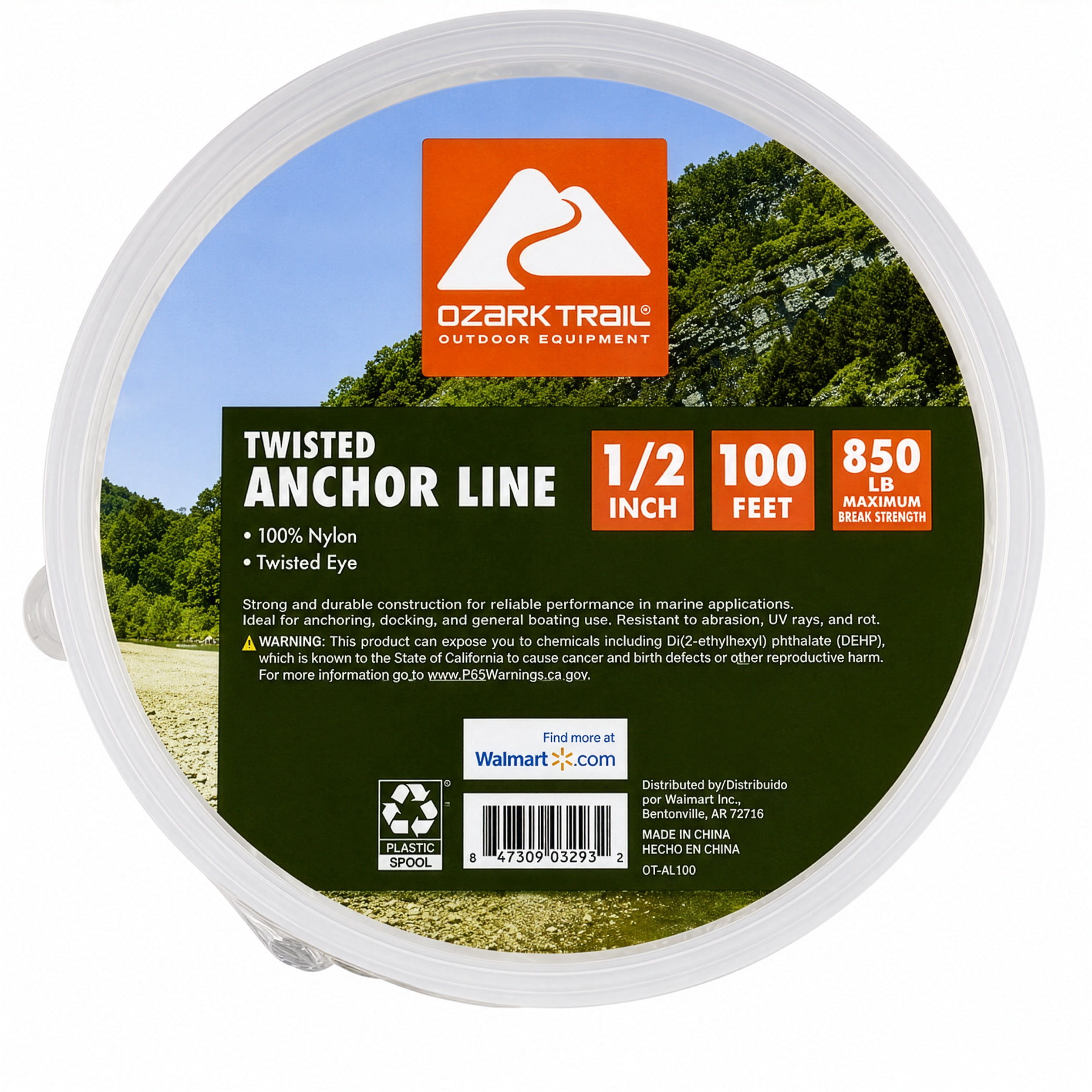 Ozark Trail 1/2 in x 100 ft Twisted Nylon Marine Anchor Line, White, 850 lb Working Load